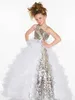 2015 Glitz Sequins One Shoulder Flower Girl039s Dresses Cute Princess Pleat Organza Fuchsia White Ball Gown Little Flower Girl 6917490