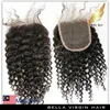 Maleisische haar sluiting Virgin Menselijk Hairsweaves Krullend Haarbundels met Kantsluiting (4x4) Natuurlijke kleur 4pcs / Partij Belhahair