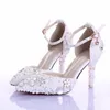 Fashion Handmade White Pearl Wedding Shoes Pointed Toe Ankle Strap Bridal Dresses Shoes Women Party Prom Shoes Rhinestone Pumps