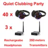 Pacote profissional de fones de ouvido Silent Disco RF com 40 fones de ouvido LED 3 canais para ipod mp3 dj music tv 500m transmissores