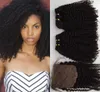 Feixes de Cabelo Encaracolado Kinky brasileiro com Fechamento de Seda 10-24 '' 8A Não Transformados Cabelo Virgem Brasileiro Ondulado Curly Extensão Tece 3 Pçs / lote