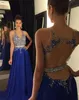 Sexy Prom Dresses Royal Blue Kant Kralen Goedkope Lange Bruidsmeisjesjurk Baljurken met Sexy V-hals Hollow Back Long Chiffon Stof