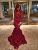 2015 Romantic Red Evening Dress Mermaid With Rose Floral Ruffles Sheer Prom Gown With Applique Long Sleeve Prom Dresses With Bra Sweep Train