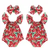 Spädbarn nyfödda baby tjejer vattenmelon print spets ärmlös romer huvudband 2st kläder barn playsuit jumpsuit outfit solsuit