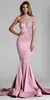 Um ombro vestidos de noite usar novo sexy árabe alta pescoço ilusão rendas apliques frisado rosa longo sereia formal vestido de festa vestidos de baile