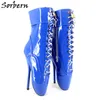 Sorbern Blue Patent Läder Nya Ballett Ankelstövlar 7 Spike High Heel Black Glänsande Ballettskor med Lace Fetish