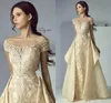 2018 Luxury Gold Prom Dresses Lace Applique Evening Gowns Off Shoulder Overskirt Middle East Plus Size Special Occasion Dresses
