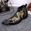 Style britannique Cheville Martin Bottes Inwrought Dragon Métal Toe Zipper Bottes Homme Mode Bottes Hommes Noir En Cuir Véritable Retrostyle Chaussures