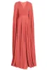 Spring Modest Muslim Long Dress Coral Chiffon Evening Dresses A Line Surplice V Neck Prom Gowns with Cape Sweep Train Custom Made