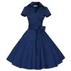 Audrey Hepburn Vintage Style Casual Dresses Modern Ruffles Women European Short Sleeve with Bow Ribbon Lapel Neck Skirts OXL127