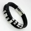 Two-tone Black Genuine Leather With Stainless Steel Mens Chain Bracelet Bangle 8.26 inch