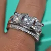 Joyería profesional vintage Princesa corte 925 plata esterlina llena Tres piedras Zafiro blanco Anillo de compromiso de boda de diamante simulado