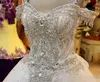 Mais novo vestido de baile espumante vestidos de casamento de cristal de luxo frisado custom made vestido de noiva espaguete sexy capela trem apliques de renda