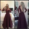 Olśniewający V-Neck z długim rękawem Prom Dresses 2016 Sexy See przez Powrót Perły Zroszony Purpurowa Satyna i Koronki Suknie Wieczorowe Formalna Suknia