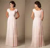 Blushing Pink Long Formal Full Length Modest Chiffon Beach Evening Bridesmaid Dresses With Cap Sleeves Beaded Ruched Bridesmaids Dresses