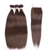 # 4 średni brązowy kolor prosty dziewicy wiązki włosów z koronkowym zamknięciem kasztanowemu brązowe peruwiańskie ludzkie włosy splatki z 4 * 4 top zamknięcie koronki