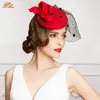 2021 Top Vintage Novo Estilo Cor Vermelha Tule Casamento Chapéus De Noiva Festa Noturna Na Moda 201a