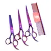 4PCS SUPPEN 7 "JP 440C Lila Dragon Professional Husdjur Grooming Hair Sax Comb + Cutting Shears + Tunna Scissor + Up Curved Shears Z3003