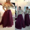 Abiti da sera in pizzo a maniche lunghe trasparenti sexy bordeaux con perline Top in organza lunghi abiti da ballo con bottoni BO9608