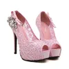 sexy lace wedding pumps bow rhinestone shoes prom gown shoes pink beige stileto heels 2 colors size 35 to 39