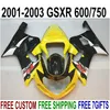 ABS Full Fairing Kit för Suzuki GSX-R600 GSX-R750 2001-2003 K1 GSXR 600 750 Svartgul plastfeudningar Set 01-03 Ra26