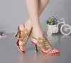 Women Banquet Prom Party Shoes Summer Rhinestone Sandals Open Toe Chunky Heel Strappy Wedding Shoes for Bride Red Black Color