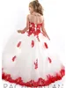 2019 Selling White and Red Flower Girls Dresses Jewel Neck Floor Length Lace Appliqued Girls Pageant Dresses Kids Wedding Dre5085684