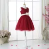 Burgundy Tulle Flower Girl Dresses for Weddings Cap Sleeve First Communion Klänningar för tjejer 2016 Vinter Höst Style Midja Blomma detaljer