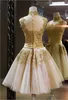 빈티지 하이넥 레이스 A 라인 Bowknot 짧은 길이 칵테일 드레스 독특한 신부 들러리 드레스