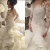 Jewel Applique Sweep Train Tiered Skirt Sexy Mermaid Wedding Dresses Long Sleeves 2018 Custom Made Wedding Gowns