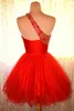 Red Cheap One Shoulder Short Homecoming Dresses Pleated Tulle with Beads and Crystals Vestidos de Festa Mini A-line Party Prom Gown