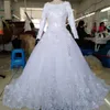 100% Real Pictures Modest Muslim Wedding Dress with Long Sleeves Sparkly Sequins Beads Crystals Pearls 3D Floral Applique Flower Bridal Gown