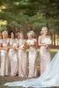 Sequins Bridesmaid Dresses U Open Back Long Short Sleeves Slida Champagne Guldklänning Anpassad Billiga Brudtärna Klänning Real Image