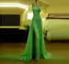 Sparkling Mint Green Lace Evening Dress Front Split Kristaller Rhinestones Mermaid Prom Klänningar High Neck Halter Sexig formell klänning