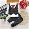 2015 HOT boys gentleman set 2-7Y Children's Autumn Suits clothes Outfits 4pcs T Shirt+Pants+Plaid Vest+Tie free shipping MOQ:24sets SVS0490