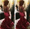 2015 romantyczna czerwona suknia wieczorowa syrenka z różą kwiatowy ruffles Sheer Prom Suknia z aplikacją Długim rękawem Prom Dresses z Train Sweep