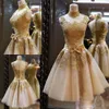 Prom Dresses Cocktail Pageant Graduation Gown with High Neck Sheer Back Gold Lace Appliced ​​Organza Short Bow Sash Real Image1132083
