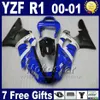 Anpassa målning för 2000 2001 Yamaha YZF R1 Fairings Kit Blue White 00 01 YZFR1 Högkvalitativ 5bm3 ABS plastfeoking kit