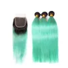 Green Ombre Hair With Lace Closure Silk Straight Two Tone Human Brazilian Virgin Hair 3Bundles With 44 Top Closure Water Green Ha
