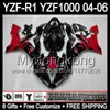 8Gifts + corpo para YAMAHA YZFR1 04-06 lustroso vermelho YZF R1 MY45 YZF1000 YZFR1 04 05 06 YZF 1000 escuro preto vermelho YZF R Kit 1 2004 2005 2006 Fairing