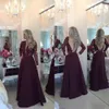Olśniewający V-Neck z długim rękawem Prom Dresses 2016 Sexy See przez Powrót Perły Zroszony Purpurowa Satyna i Koronki Suknie Wieczorowe Formalna Suknia