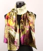 1pcs Green Leaves Plum Gold Flowers Women's Fashion Satin Oil Painting Long Wrap Shawl Beach Silk Scarf 160X50cm