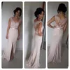 Sheer Back Mermaid Druhna Dresses 2016 Koronki i Szyfonowa Maid of Honor Dresses Front Split Długie Suknie Party Wedding With Sash