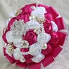 Bouquet da sposa economici Bouquet da sposa in pizzo artificiale Raso Rosa Perle Sposa in cristallo con fiori nuziali Bouquet da damigella d'onore Spille