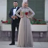Élégant À Manches Longues Robes De Soirée Musulmanes Bijou Cou Cristal Perlé Longueur De Plancher Hijab Robes De Bal D'arabes Saoudien Arabe Robes De Soirée