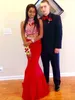 Pieces Red Two High Neck Prom Dresses Crystal Beaded See Through Sexy Back Mermaid Evening Gowns Custom Made BA