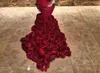 2015 romantische rode avondjurk zeemeermin met roze bloemen ruches Sheer prom-jurk met applique lange mouw prom jurken met beha sweep trein