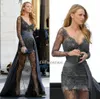 Zroszony koronki z długim rękawem Prom Dresses Deep V-Neck Illusion Celebrity Suknie Wieczorowe Dark Gray Overskirt Party Suknie Moda