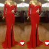 Sexy rode zeemeermin avondjurken Off Shoulder Longprom Jurken met Side Spleet Lange Mouwen Court Train Formele Feestjurken