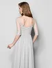 Silver Floor-length Illusion Half Sleeve Chiffon and Tulle A-line Mother of the Bride Dress V-neck Appliques and Beading Mother's Dresses